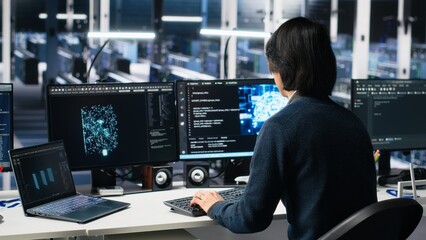 Data center system administrator managing AI systems for uptime and efficiency. IT employee using...