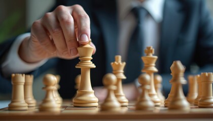 Man plays chess. Business person makes a move with king. Businessman wearing suit plays game on chessboard. Strategy game symbolizes leadership success. Strategic thinking is key to win.