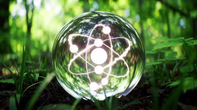 A glowing atom encased in a glass sphere rests on the forest floor, surrounded by lush greenery. Sunlight filters through the trees, creating a captivating scene of science and nature.