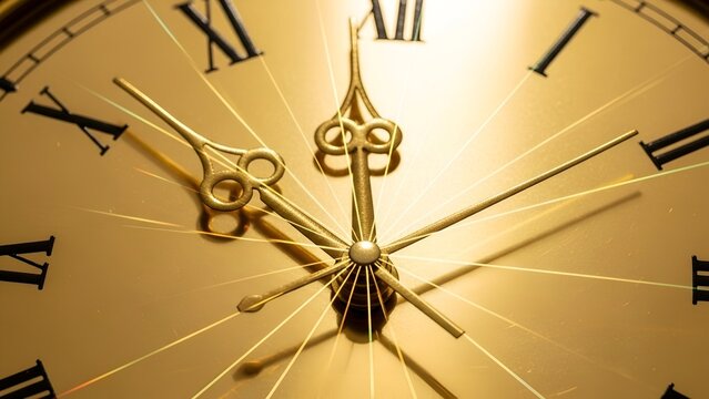 Close-up of gold clock face with Roman numerals showing the passage of time