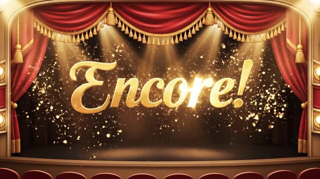 Encore Golden Text on Stage with Red Curtains and Spotlights.