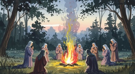 Within the forest's edge, figures in robes gather around a bright fire, heads bowed prayer as twilight sky begins to softly illuminate their sacred gathering. Bible theme, All Saints' Day.