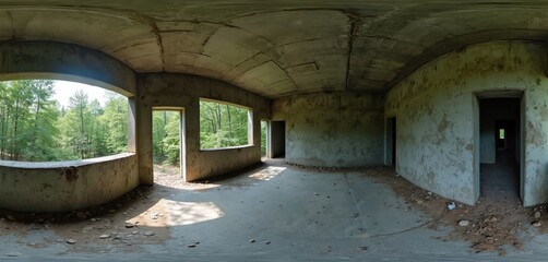Inside abandoned building panoramic view with windows and forest background. Empty room with walls and floor. Architectural building ruins. Sunlight enters through openings creating shadow and light.