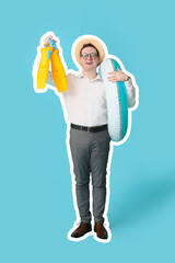 Office worker with inflatable ring and flippers in his hand dreaming about vacation on blue background