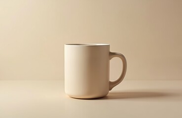 Obraz premium Minimalist beige coffee mug placed on neutral background. Simple design accentuates the ceramic texture. This photo is suitable for lifestyle blogs or coffee brands promotion.