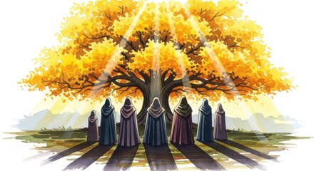 Beneath the golden canopy of an ancient tree, figures clad in cloaks stand silent reverence, bathed divine light filtering through autumn leaves. Bible theme, All Saints' Day.