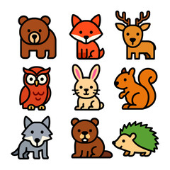 Cute cartoon animal icons: bear, fox, deer, owl, rabbit, squirrel, wolf, hedgehog.