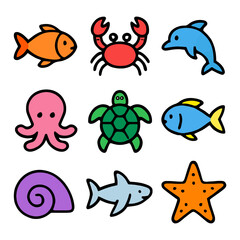 Naklejka premium Colorful cartoon sea animals: fish, crab, dolphin, octopus, turtle, shark, starfish, and shell.
