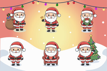 Festive Santa Claus cartoon collection for holiday designs. Cute vector drawings of Santa carrying gifts, next to a tree, wreath, and cocoa.