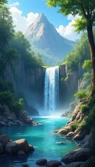 Obraz premium Powerful waterfall flows into turquoise river in rich mountain valley. High rocky peak rises against blue sky. Green forest trees, stones surround calm water. Serene landscape artwork shows beautiful