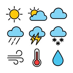 Obraz premium Colorful weather icons set: sun, clouds, rain, thunder, snow, wind, temperature, droplet.