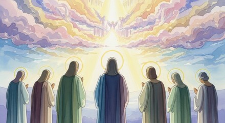 Watercolor artwork illustrates a group of figures facing radiant light and angelic forms among pastel clouds, perhaps suggesting an ascent into heaven. Bible theme, All Saints' Day.