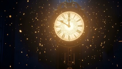Illuminated antique clock with Roman numerals, surrounded by golden confetti against a dark background