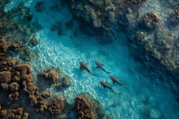 Obraz premium Aerial View Of Reef Sharks Along Coral Bommie Garden Edge, Cyan-To-Deep Blue Drop-Off Gradient, Patterned Wave Caustics, Clear Indonesian Waters