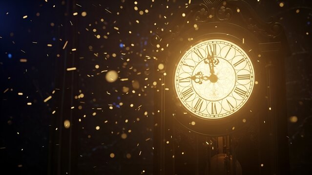 Close-up of a clock face glowing in the dark with floating sparkles