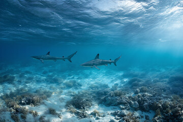 Naklejka premium High-Altitude Panorama Of Mixed Sharks Over Seagrass Mosaics And Blue Holes, Remote Komodo Atoll, No Human Presence, Sand Whorls, Pristine Marine Habitat
