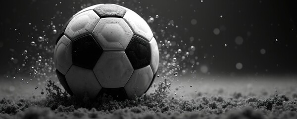 Fototapeta premium Soccer ball explodes into water particles mid game. Dynamic action shot of a football in motion, isolated on a dark background. Abstract sports concept with many tiny droplets flying.