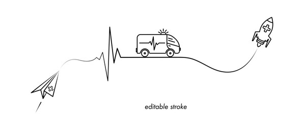 Editable stroke medical care illustration with ambulance car, paper plane, rocket, cardiogram. Abstract health care design to use for medical emergency, medical business projects.