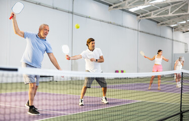 Focused resolved elderly man playing friendly pickleball match in team with male partner on indoors court. Concept of concentration in competition