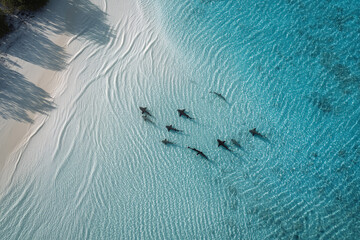 Aerial View Of Juvenile Reef Sharks Circling Powder-Blue Sand Flats With Long Morning Shadows Near Komodo Mangroves, Crystal Water, Rippled Textures, Marine Life, Indonesia
