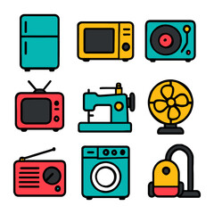 Fototapeta premium Colorful vintage home appliances collection: fridge, microwave, record player, tv, sewing machine.