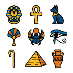 Ancient egyptian symbols collection: ankh, scarab, pharaoh, pyramid, sphinx.