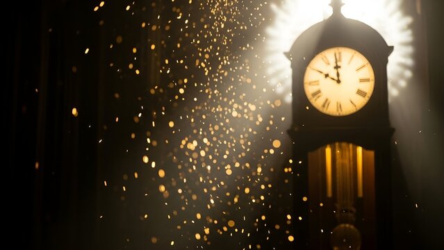 A detailed image of an antique grandfather clock at night, with light beams and gold particles