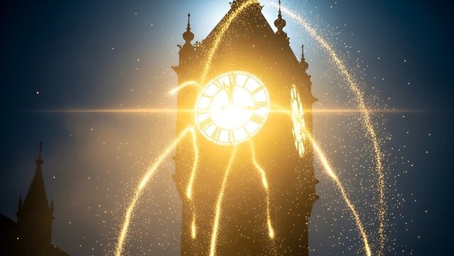 Illuminated tower clock with golden light bursts, stars against a dark, atmospheric sky