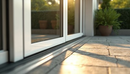 Fototapeta premium Modern sliding patio door with white aluminum frame and glass panels. Opens onto stone tiled patio with potted plants. Sunlight streams through glass.
