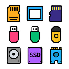Colorful set of various data storage devices and icons.