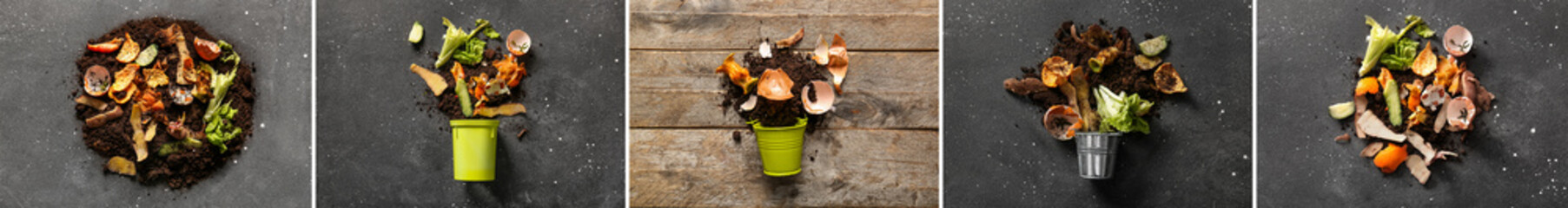 Organic waste with soil on dark and wooden backgrounds. Compost recycling concept