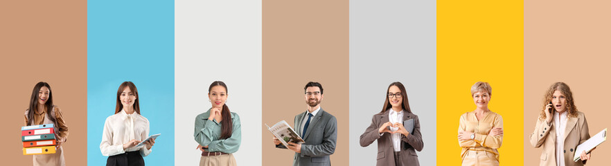 Set of different business people on color background
