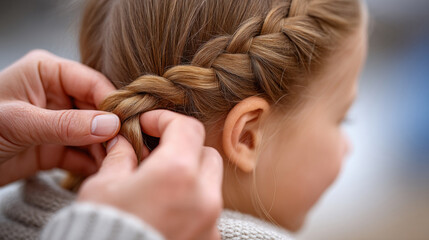 Fototapeta premium Mother braiding daughter's hair in secure braid for bonding and family time