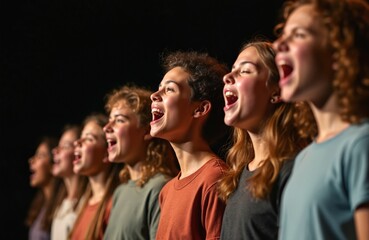 Group of diverse young students passionately sing together on stage. Teens perform musical vocal act, show in theatre. Kids choir performs song with passion, energy, expression. Youth ensemble