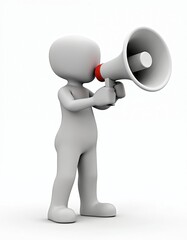 3D character holds megaphone, making an announcement. Simple white figure uses loud speaker for broadcasting. Communication concept graphic. Sound amplification icon.