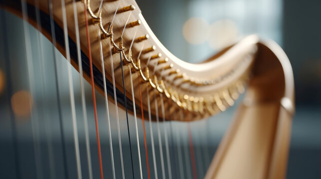 Ethereal light beam illuminating harp strings in a musical performance setting