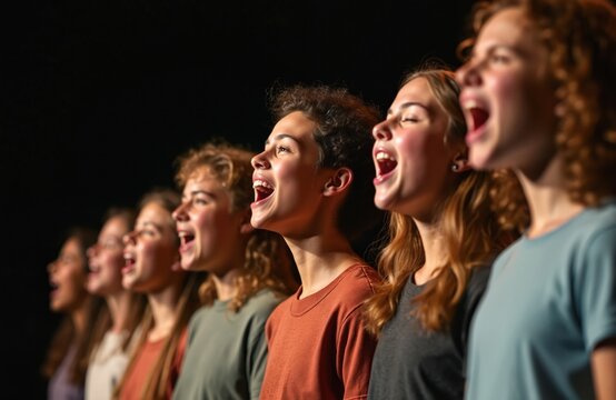 Group of diverse young students passionately sing together on stage. Teens perform musical vocal act, show in theatre. Kids choir performs song with passion, energy, expression. Youth ensemble