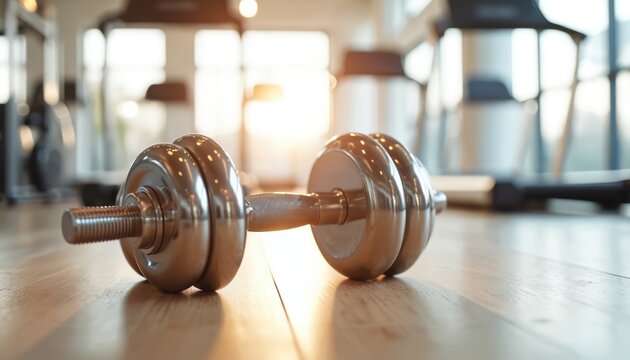 Metallic dumbbell rests on wooden gym floor near blurred exercise equipment. Focus highlights strength training, healthy lifestyle concepts. Image suggests fitness goals, personal wellbeing within