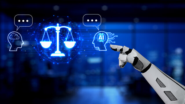 A robotic hand reaches out to digital representations of legal scales, symbolizing the intersection of artificial intelligence and law in a futuristic setting. Synapse