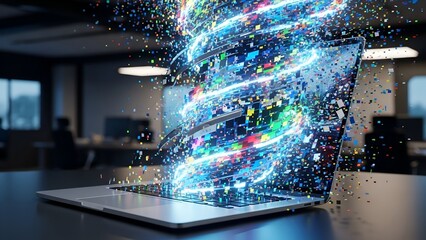 A laptop with swirling data erupting in a vibrant colorful tornado, with blurred office background