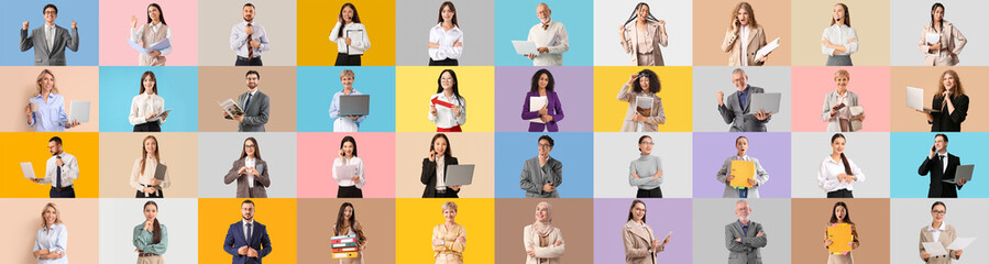 Collage of many different business people on color background