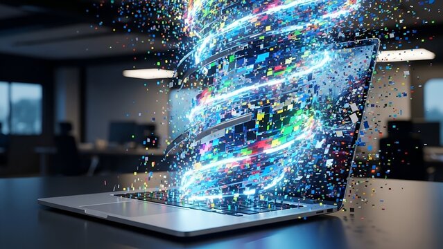 A laptop with swirling data erupting in a vibrant colorful tornado, with blurred office background - Powered by Adobe