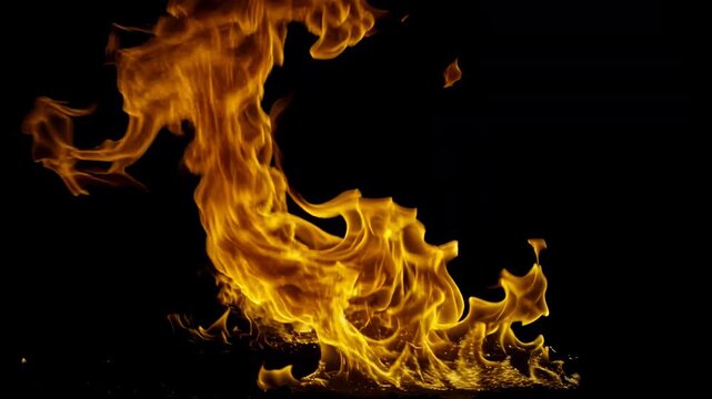 4K Dynamic burst of flame spreading sideways in slow motion on black background, glowing orange fire textures ideal for screen mode or overlay, cinematic VFX element compositing, action, motion design