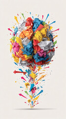 Colorful crumpled paper ball with arrows exploding outward on a white background