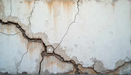 Obraz premium Cracked white painted exterior wall shows damage from moisture. Concrete surface is stained and peeling showing a rough texture. Old construction problem requires repair.
