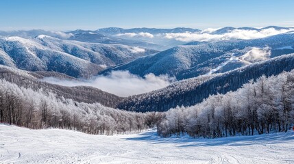 Snowy mountain range winter landscape.