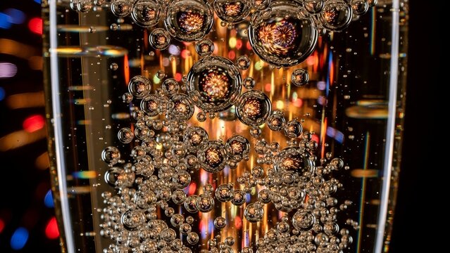 Close-up view of effervescent champagne bubbles rising within a glass, shimmering with light