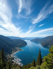 Obraz premium Aerial view of lake with boats near green mountains. Blue water reflects sky with white clouds. Vacation holiday destination at blue bay and mountain landscape in nature.