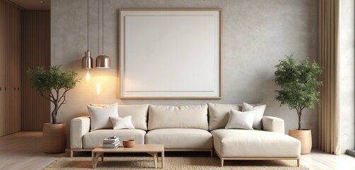 Minimalist living room interior design with large sofa pillows trees decor and wooden table. Modern apartment design mockup with empty frame. Home design.