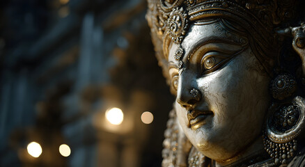 Fototapeta premium Intricate Sculpture of a Deity with Detailed Features and Ornate Headdress.